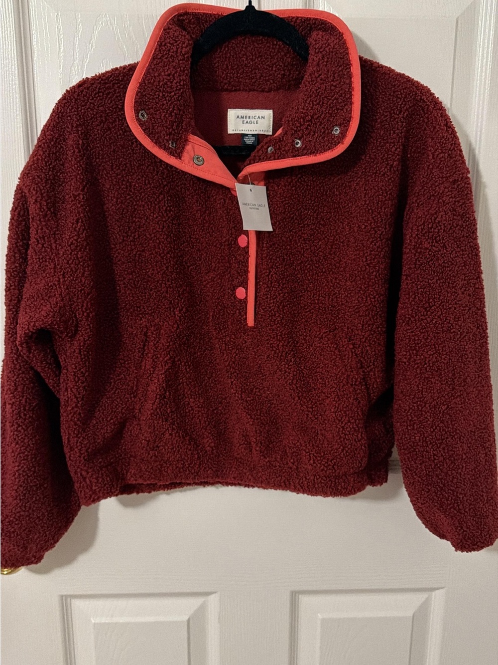 American Eagle Outfitters Burgundy Sherpa Jacket with Coral Trim